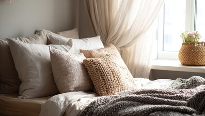 Cozy bedroom interior with layered bedding and natural light