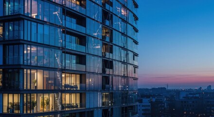 Obraz premium Modern glass building at twilight with city skyline in the background