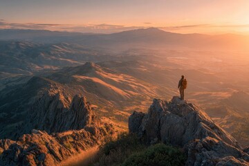 A hiker stands on a mountain peak at sunrise (1)