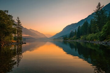Serene lake sunrise reflecting mountains