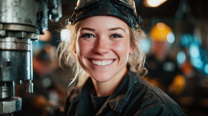A young woman with a bright smile is wearing protective gear in an industrial setting, showcasing confidence and enthusiasm in her work environment amidst machinery.