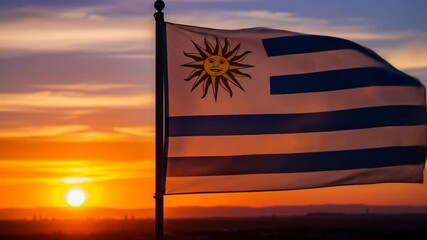 Uruguayan Flag Waving at Sunset - The Uruguayan flag billows in the wind against a vibrant sunset backdrop. - Powered by Adobe