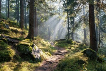 Obraz premium Sunlit path through a misty forest (1)