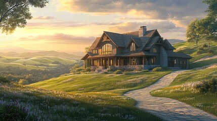 luxury home on hilltop, overlooking breathtaking mountain landscape during sunset. The scene is peaceful and idyllic.
