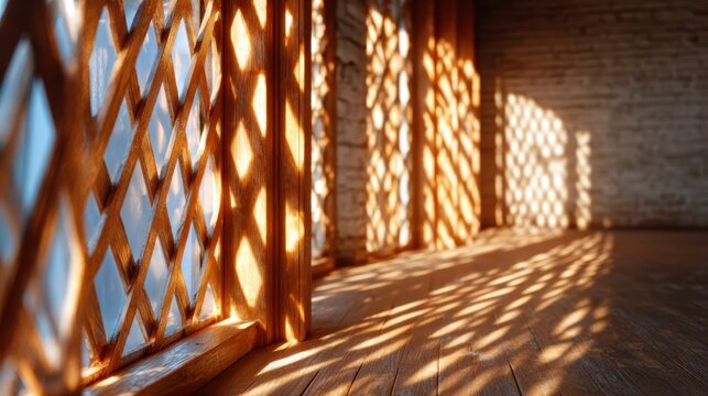 An elegant indoor space showcases stunning lattice windows, allowing beautiful light to pour in and creates dynamic shadows, enhancing the room's artistic and refined aesthetic.