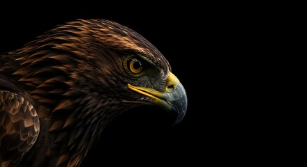 Fototapeta premium Close-up of a Fierce Brown Eagle Head with Sharp Beak and Intense Eye on Black Background