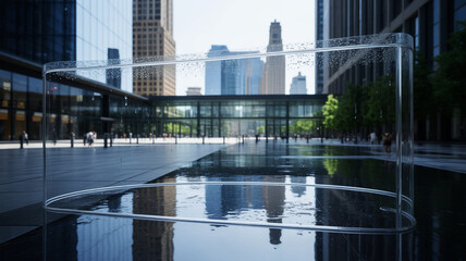 Fototapeta premium Transparent protection barrier in a modern city plaza with skyline