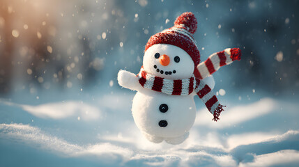 Fototapeta premium Funny energetic snowman running through a snow-covered scene with a scarf and hat, embracing the festive winter fun. Image made using&nbsp;