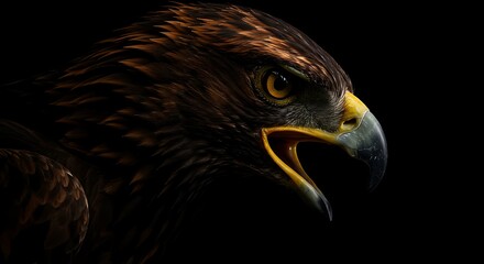 Fototapeta premium Majestic Brown Eagle Head Closeup with Sharp Beak and Intense Eye on Black Background