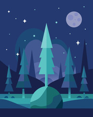 Pine trees in the forest at night. Vector illustration in flat style