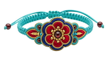 Turquoise macrame bracelet with ornate floral charm isolated on transparent background