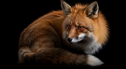 Fototapeta premium Red Fox Resting on Black Background in Natural Lighting
