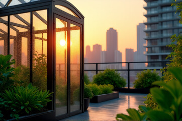 Fototapeta premium Modern rooftop greenhouse with city skyline