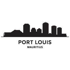 Fototapeta premium Port Louis skyline silhouette. Landscape Port Louis, Mauritius. Vector illustration. Vector black silhouette. with white background