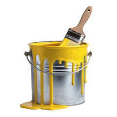 Fresh yellow paint dripping from a metal bucket with paintbrush, ready for projects