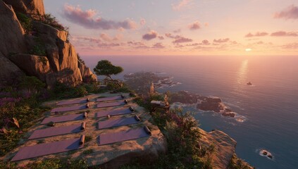 Scenic yoga mats on a cliff overlooking the ocean at sunset