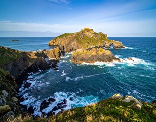 Coastal landscape with rocky islands and a small structure