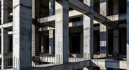 Fototapeta premium Raw concrete structure reveals industrial strength and modern architectural design with dramatic light and shadow play