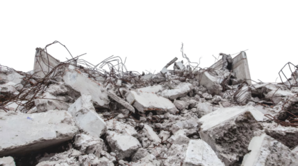 Debris and rubble pile of a demolished building, construction site aftermath