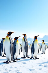 Fototapeta premium Group of Emperor Penguins Standing on Snow in Antarctica Under Clear Blue Sky