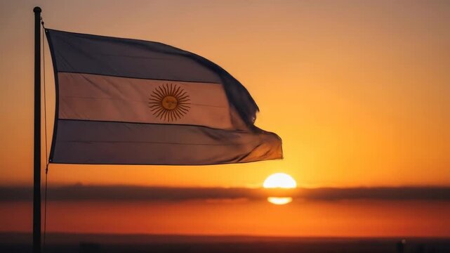 Argentinian Flag Waving at Sunset - The Argentinian flag billows in the wind against a vibrant sunset. The sun is partially visible behind the flag, creating a dramatic and colorful scene.