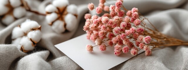 Boho style card mockup featuring dried winter flowers and cotton on cozy fabric for elegant decor