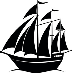 Monochrome illustration of an ancient sailing ship with majestic sails, at sea