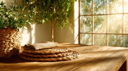A beautifully arranged table features woven elements and soft linens, bathed in warm sunlight, creating a cozy and inviting atmosphere for relaxation or dining.