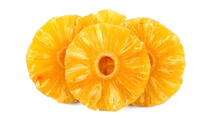 Stack of golden yellow dried pineapple rings.