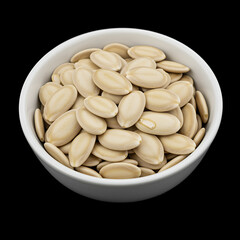 Close-up shot of a white bowl filled with roasted pumpkin seeds against a black background.