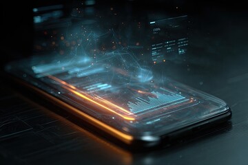 Futuristic smartphone with glowing data interface