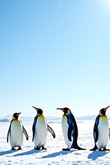 Obraz premium Group of Emperor Penguins Standing on Snow in Antarctica Under Clear Blue Sky