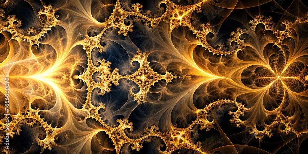 Poster intricate golden fractal pattern with swirling shapes and elegant details, creating a mesmerizing ab
