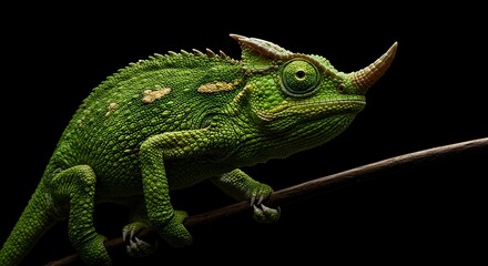 Naklejka premium Green Chameleon with Horn on Black Background