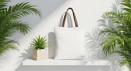 Blank white tote bag mockup with tropical plant decorations