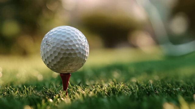 Ultra HD A closeup of a golf ball on a tee, set against a blurred green background, capturing the essence of the sport and the anticipation of the game, golf ball video, golf ball presentation video