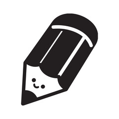  Silhouette of a stylized pencil with bold, clean lines and a small face on the pencil body. 