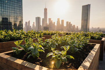 Fototapeta premium Rooftop garden with wooden planters and city view