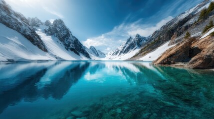 A stunning landscape showcasing a crystalline lake surrounded by majestic snow-capped mountains reflects the beauty of nature, ideal for travel enthusiasts and nature lovers.