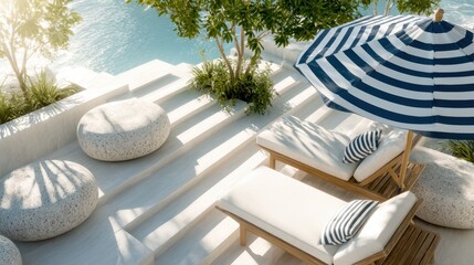 This beautiful poolside area boasts stylish loungers with plush cushions and a striped umbrella, surrounded by lush greenery, offering a perfect retreat for relaxation.