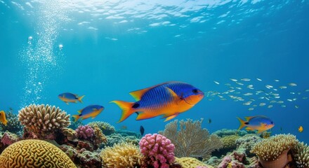 Obraz premium Vibrant Coral Reef Ecosystem Teeming with Colorful Marine Life Underwater