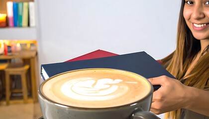 Latte art atop a mug with books in the foreground.