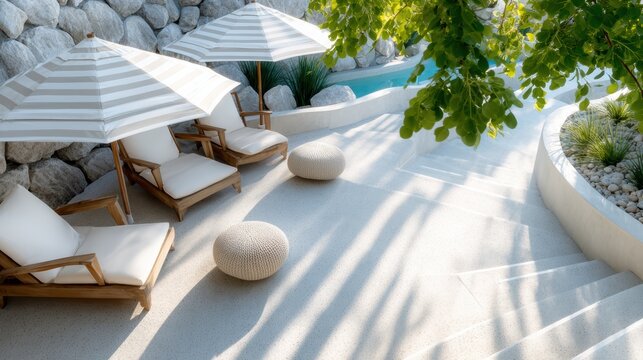 An idyllic poolside scene showcases stylish loungers under striped umbrellas, surrounded by lush greenery and stone accents, creating a tranquil retreat for relaxation and leisure in nature.