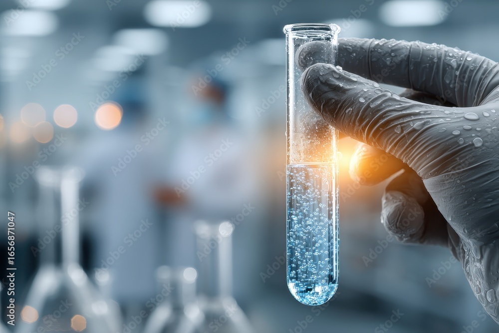 Poster hand in glove holding a test tube with a bubbling solution in a science lab.