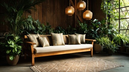 This image captures a comfortable, inviting indoor sitting area embellished with plants, showcasing natural materials and warm lighting for a relaxing atmosphere.