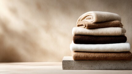 This image showcases a neatly organized stack of soft blankets in warm tones placed on a simple slab, creating a cozy and inviting atmosphere suitable for any space.