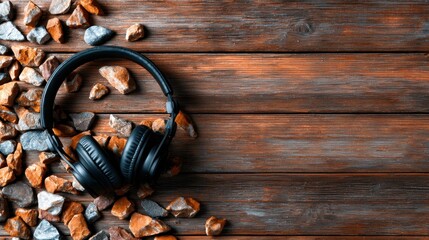 An artistic arrangement of black headphones set among scattered colorful stones on a rustic wooden surface, blending music and nature in a unique visual composition.