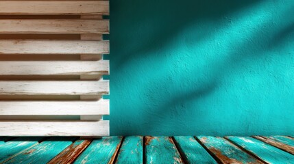 This striking image captures the interplay of light and shadow on a vivid turquoise wall, paired with rustic wooden slats below, conveying a sense of freshness and intrigue.
