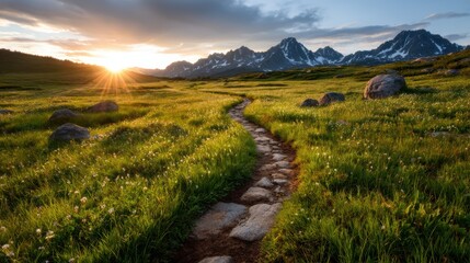A stunning view of a winding stone path leading through lush green grass and stunning mountain scenery during a breathtaking sunset. Nature's beauty shines brightly.