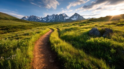 A picturesque landscape showcasing a winding dirt path through vibrant green fields, framed by majestic snow-capped mountains under a bright blue sky. Nature's beauty is enchanting.